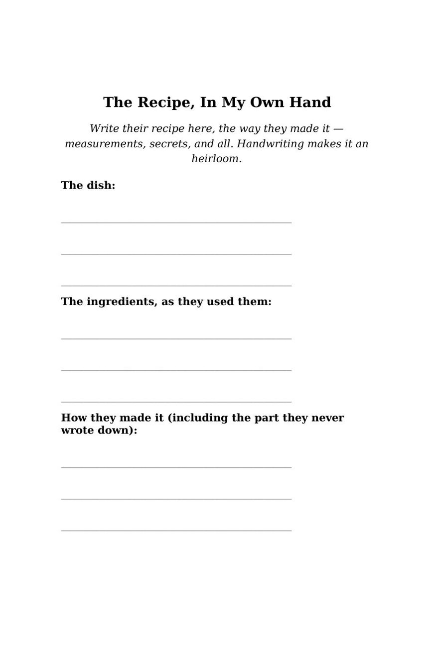 Their Story keepsake page — write their recipe in your own hand