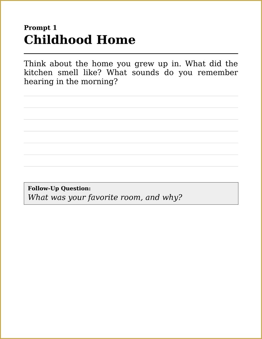 A reminiscence prompt page that opens conversation about childhood memories