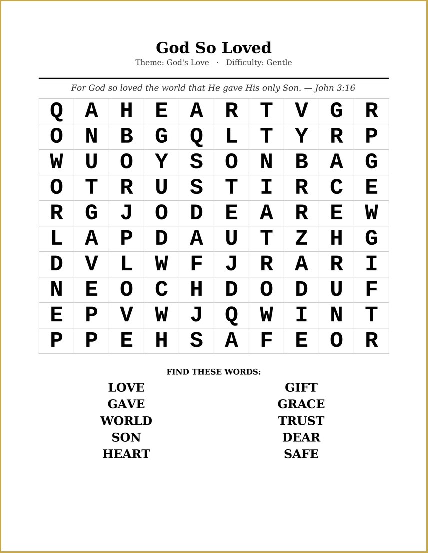 A large print faith-based word search, labelled Gentle or Moderate to match ability
