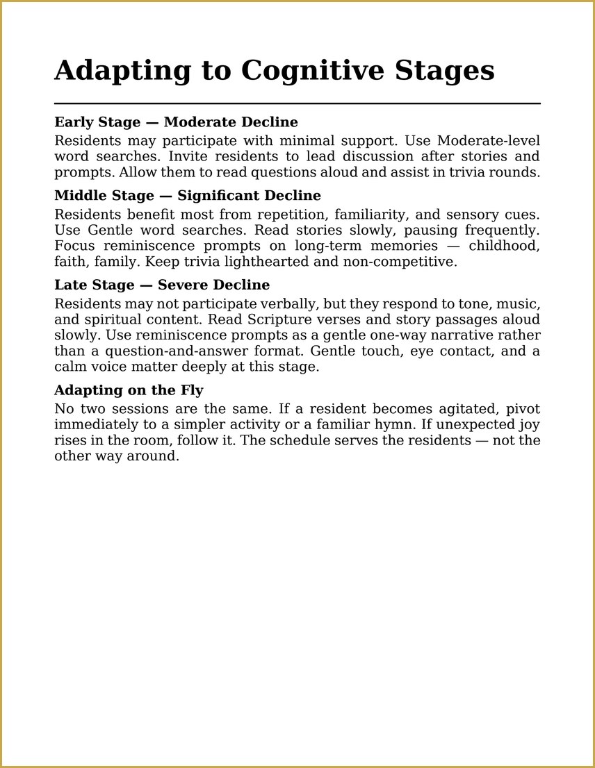 Guidance for adapting each activity to early, moderate and advanced cognitive stages