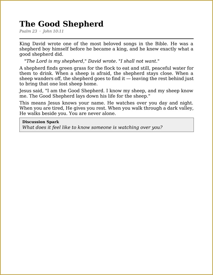 A Bible story read-aloud page, ready for an activity director to lead