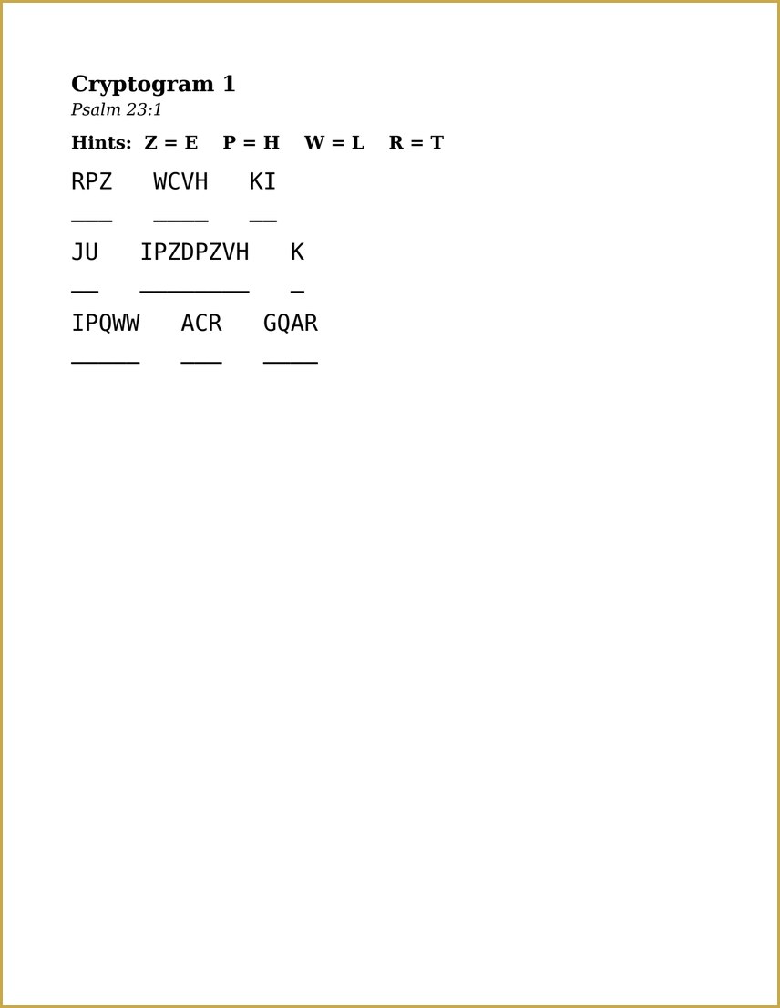 A cryptogram puzzle decoding Psalm 23:1, in large print