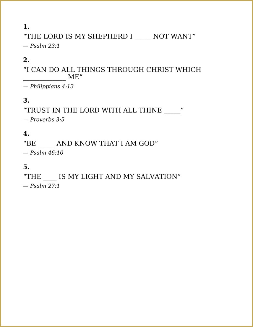 A fill in the blank page — complete Psalm 23:1, Philippians 4:13 and more