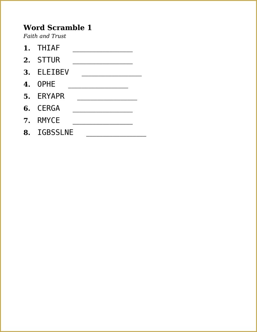 A word scramble page — unscramble each word of faith