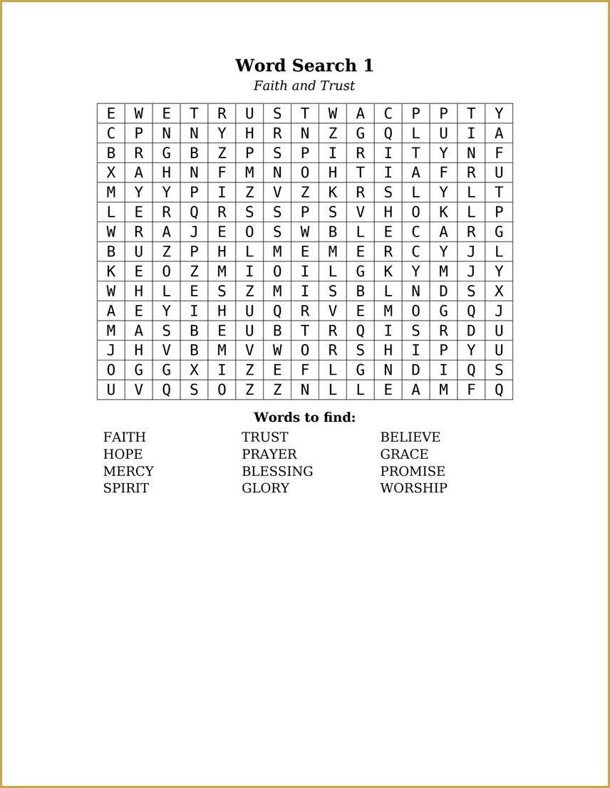 A large print Bible word search on the theme of Faith and Trust