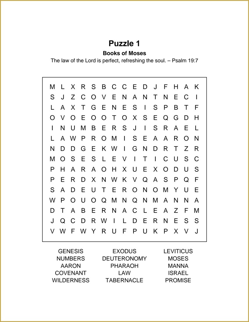 Puzzle 1 — Books of Moses, with Scripture verse, large print grid and word bank