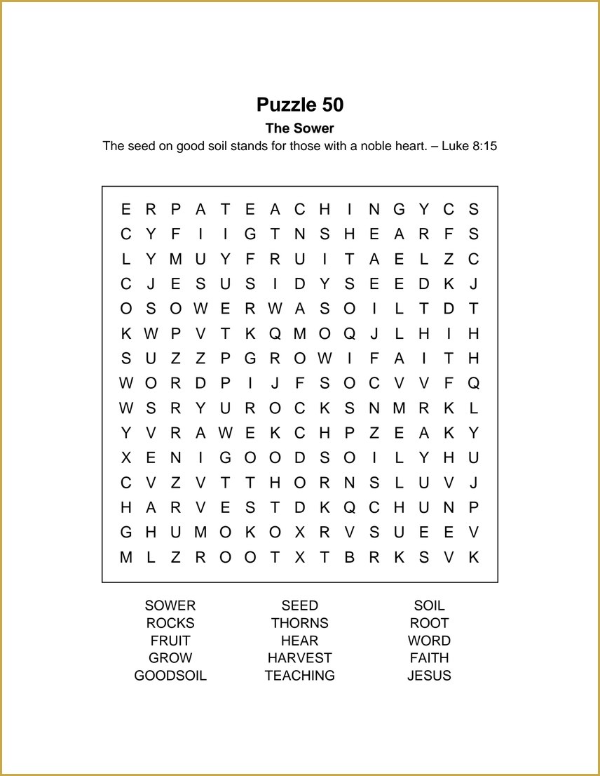 Puzzle 50 — The Sower, a faith-themed large print word search with Scripture