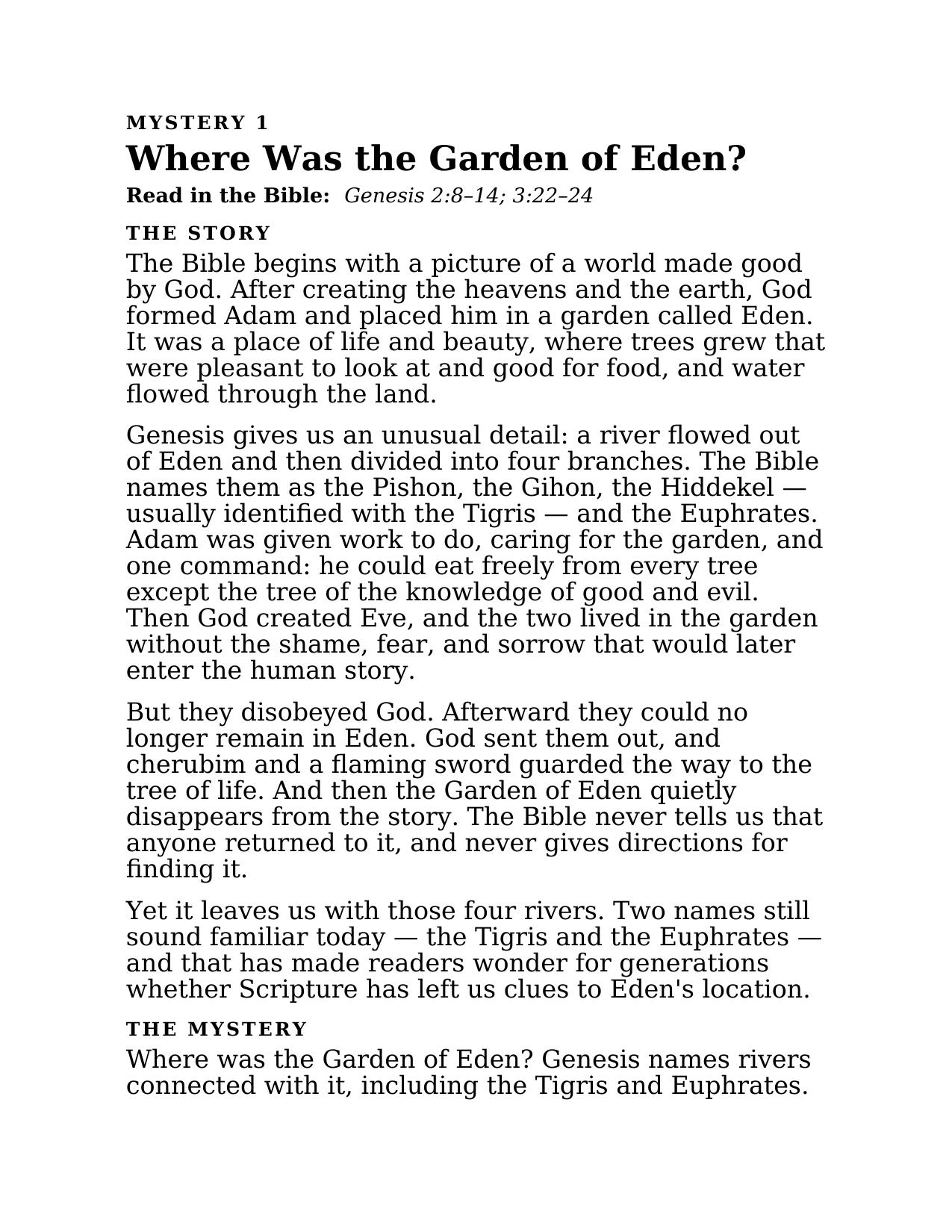 Large-print Bible mystery 'Where Was the Garden of Eden?' opening story page