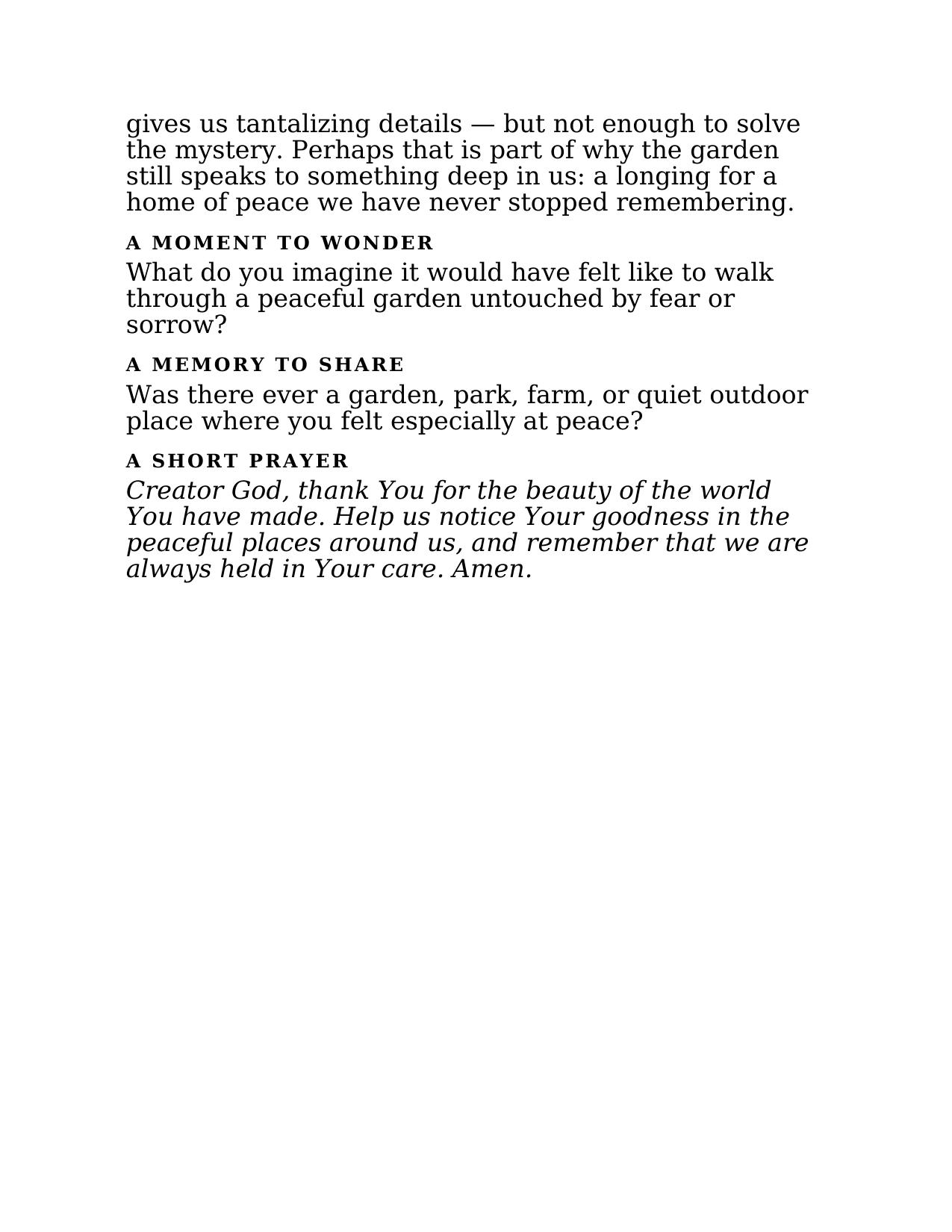 Gentle conversation questions — 'A Moment to Wonder', 'A Memory to Share' and 'A Short Prayer'