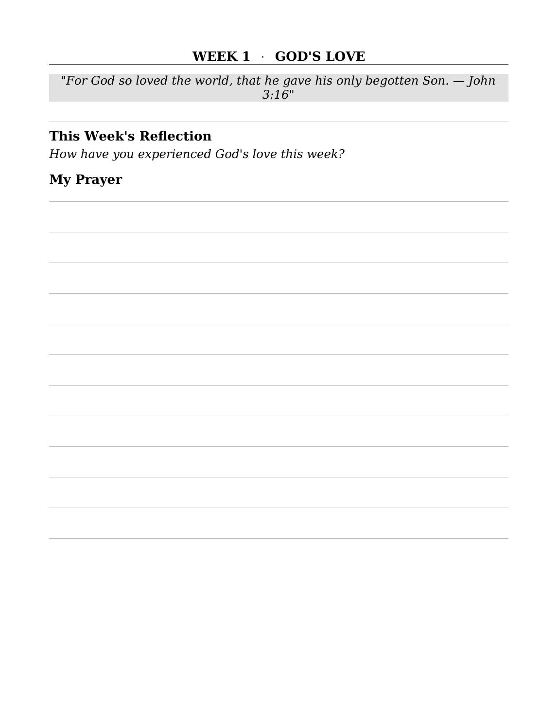 A weekly theme with a Scripture verse and guided prompt