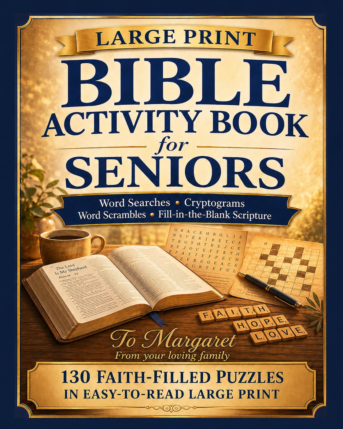 Personalized Large Print Bible Activity Book cover — To Margaret, from your loving family