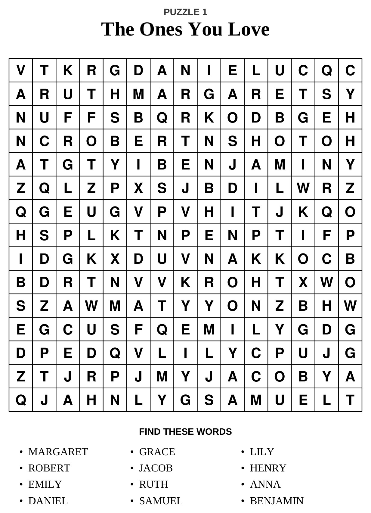 A personalized bonus word search puzzle with the recipient's family names hidden in the large-print grid