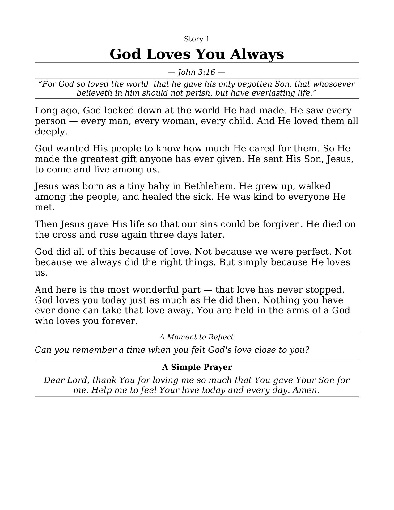 Story 1 — God Loves You Always, with Scripture, a gentle retelling, a reflection and a prayer