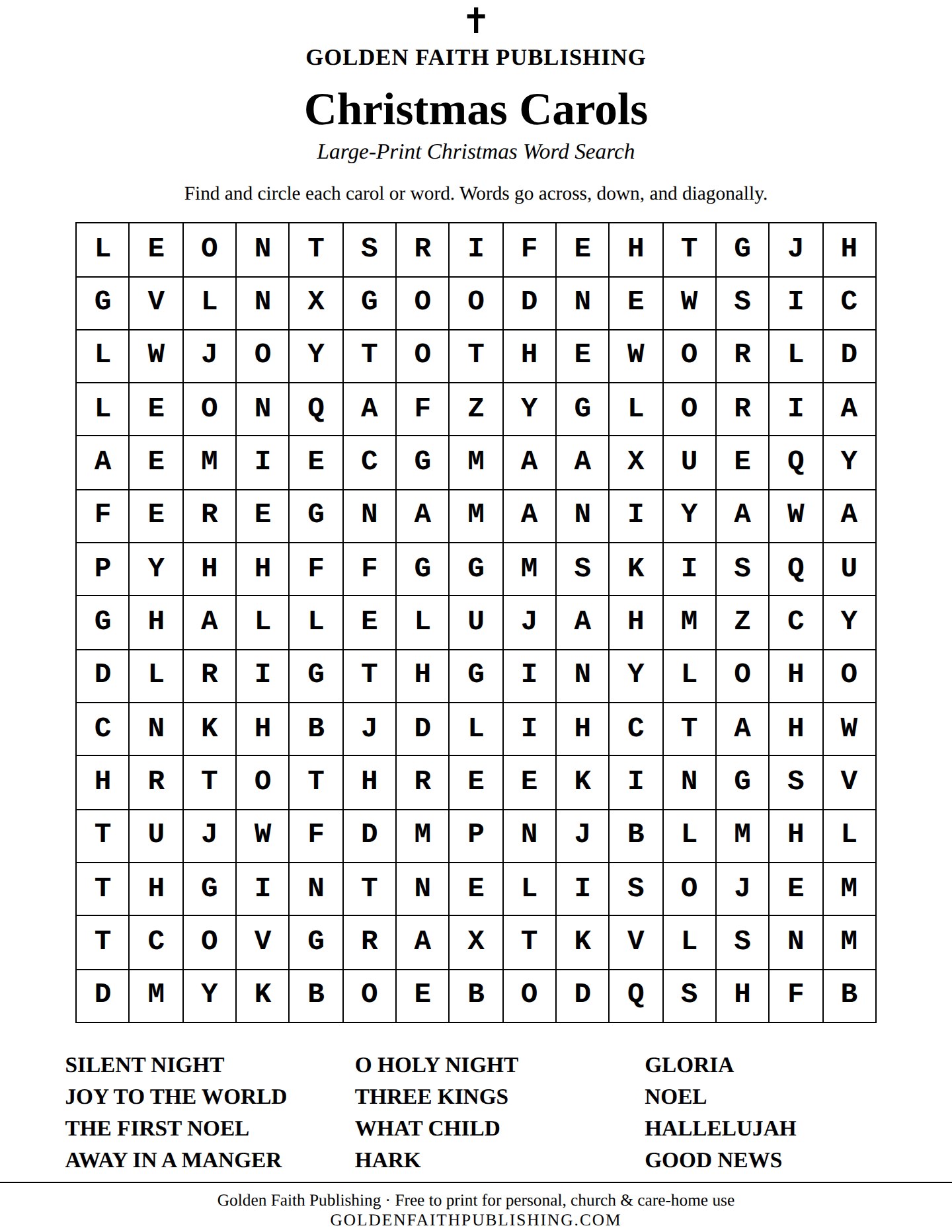 Large-print Christmas carol word search puzzle page