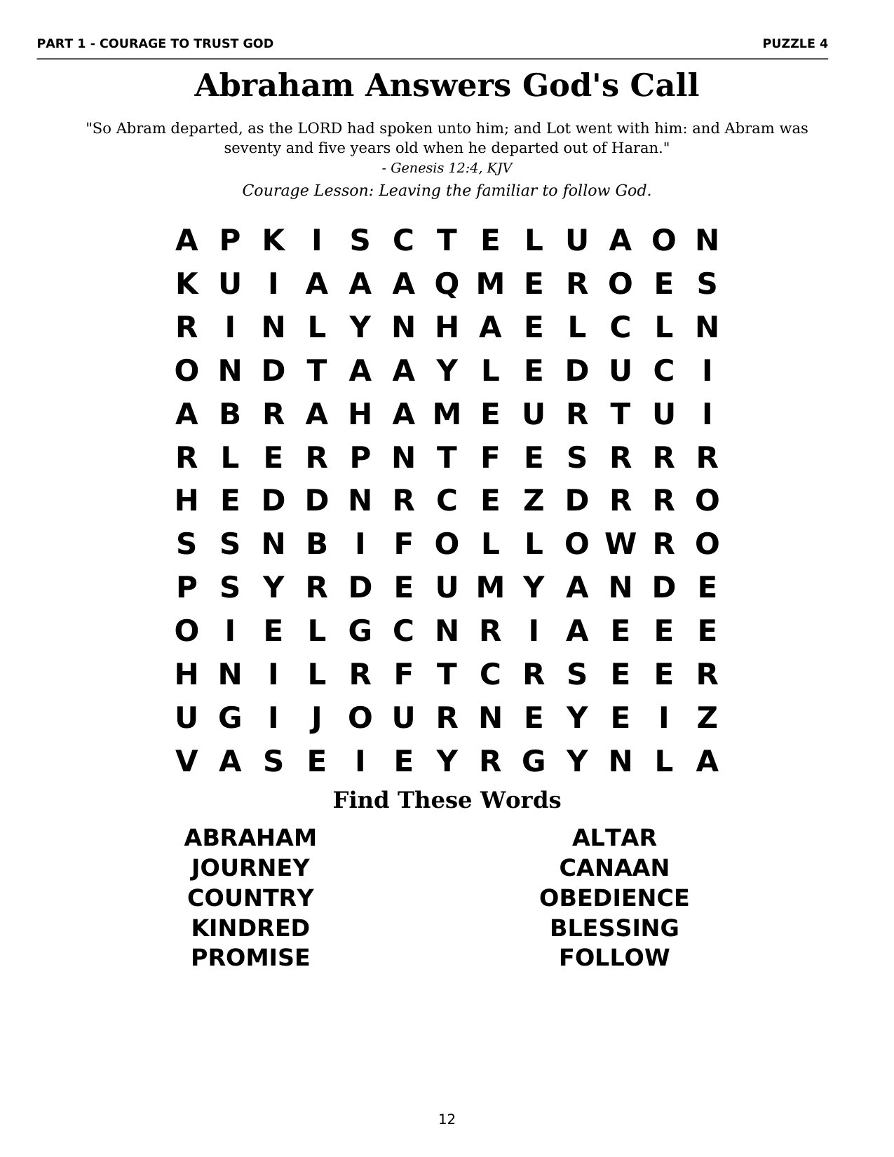 A large-print puzzle — Abraham Answers God's Call — with its Scripture verse and word list