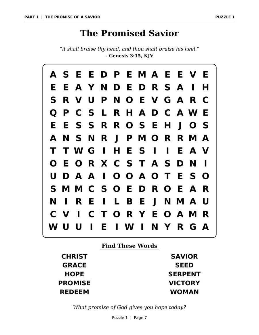 Puzzle 1 — The Promised Savior: a large-print Christmas word search with its Scripture verse and word list