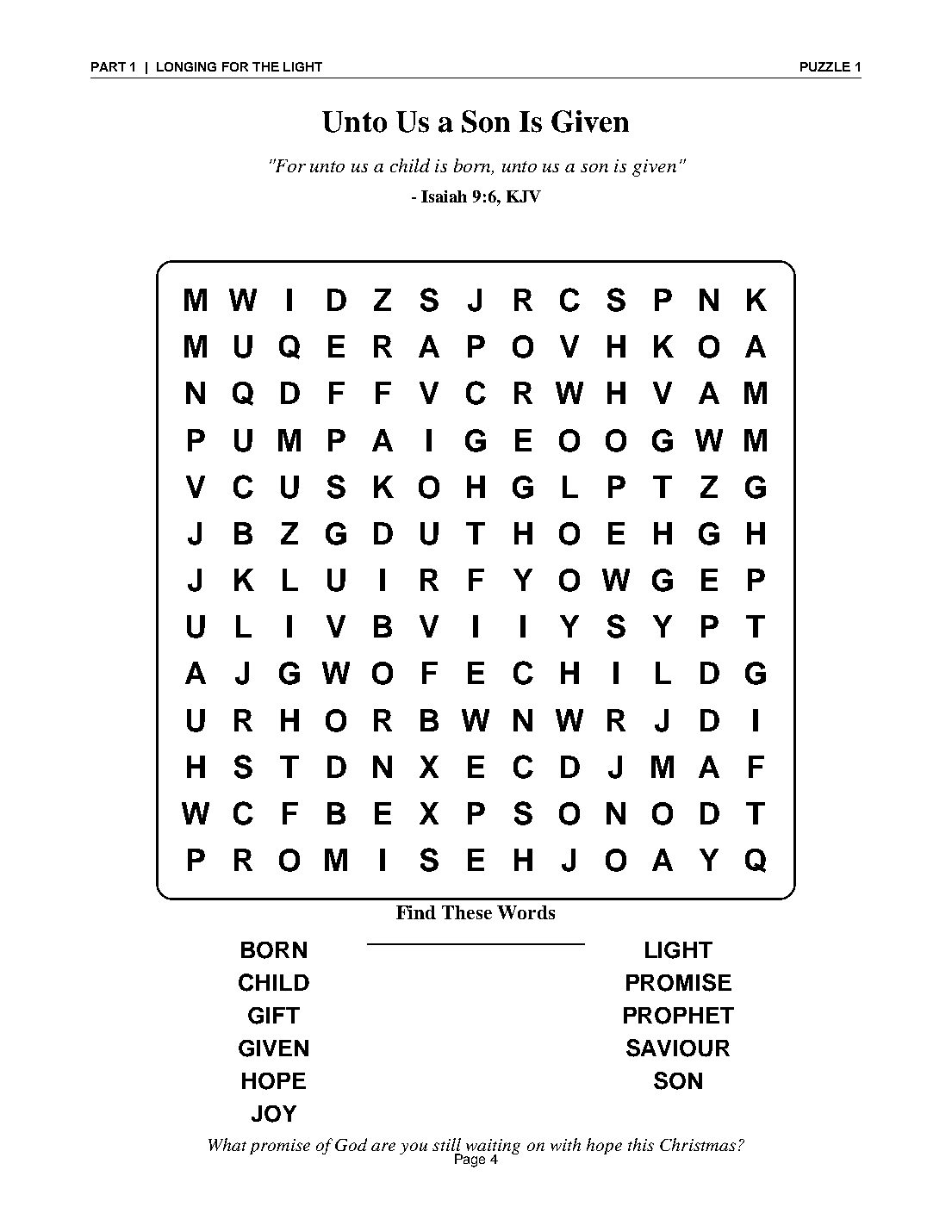 Puzzle 1 — The Promised Savior: a large-print Christmas word search with its Scripture verse and word list