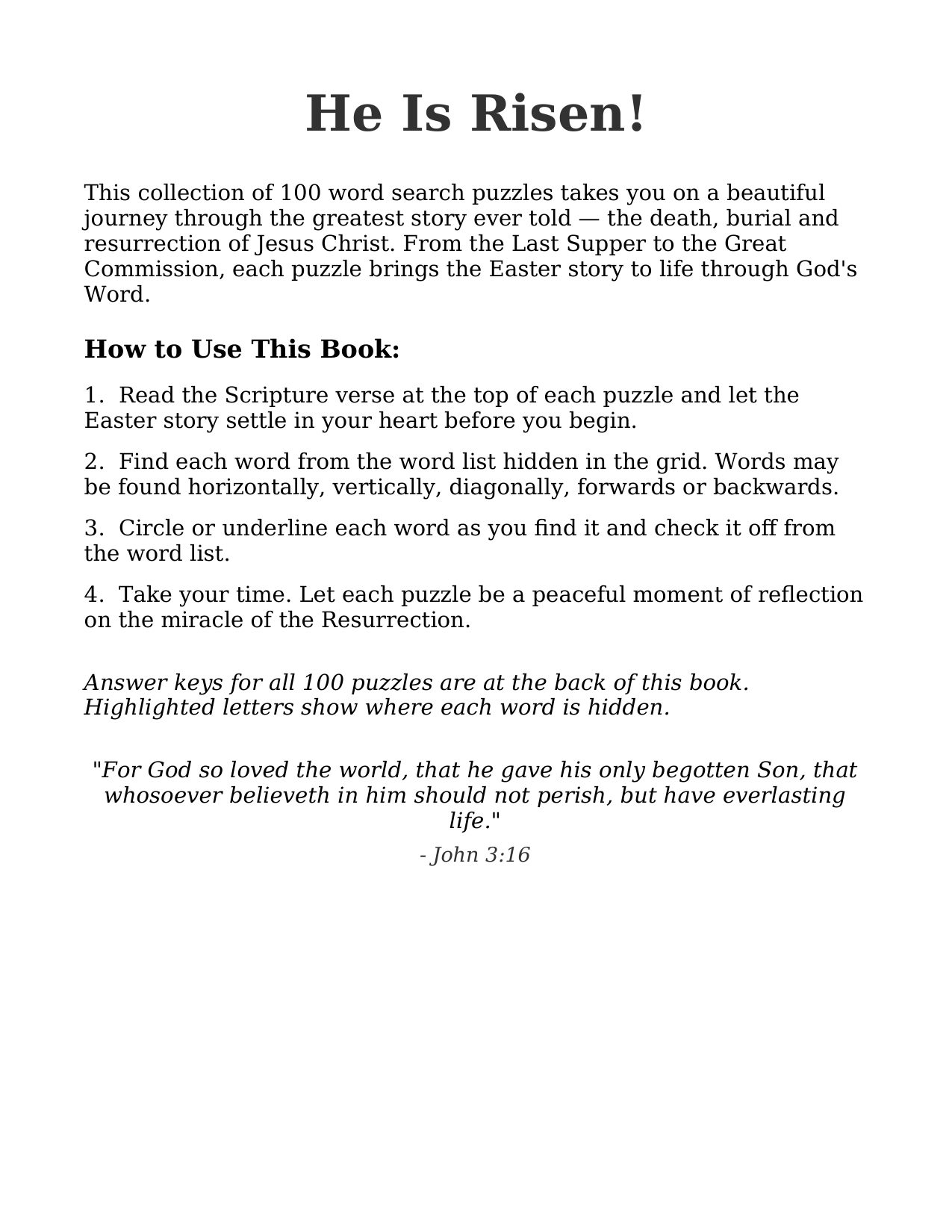 He Is Risen! &mdash; the opening note and simple How to Use This Book instructions