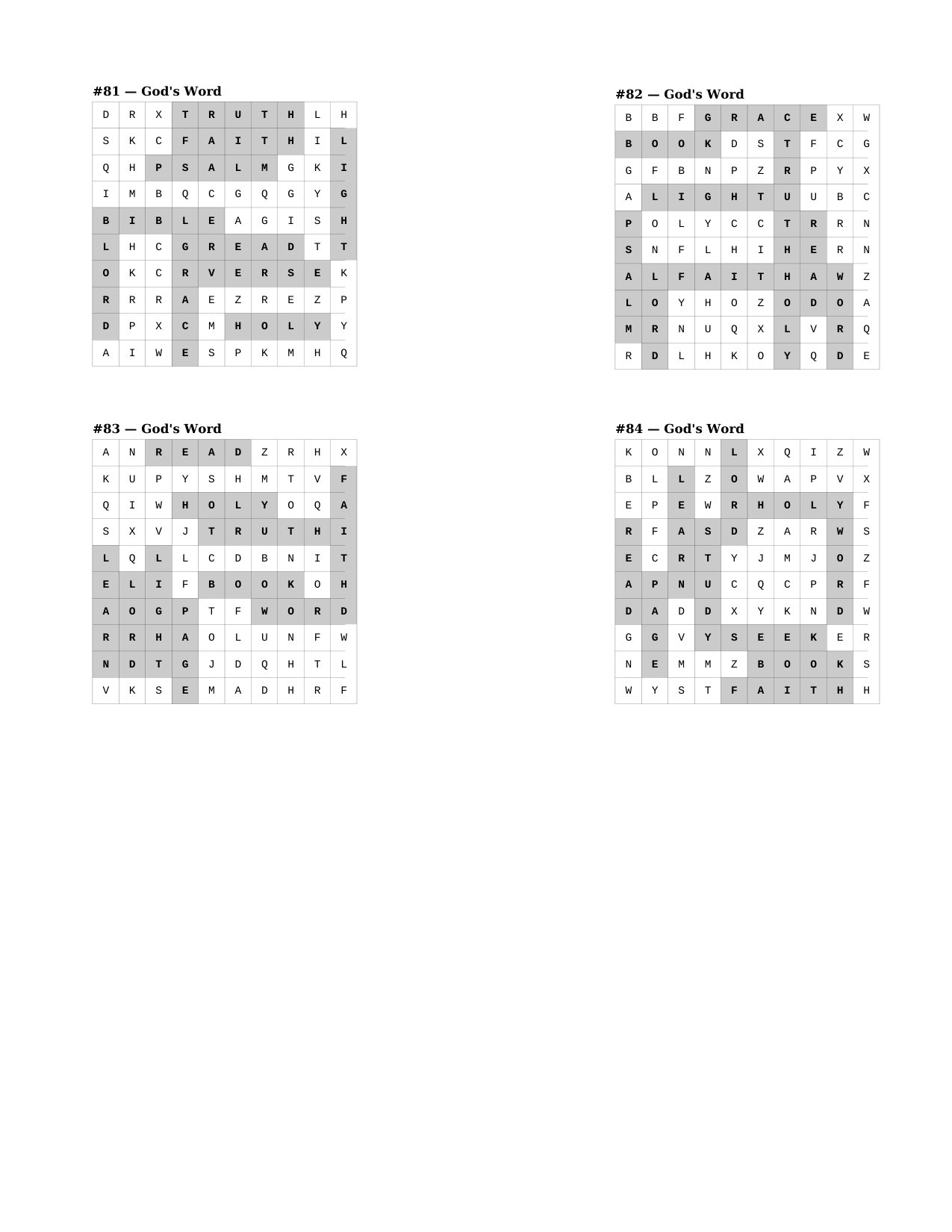 Answer key page for the Bible word search puzzles