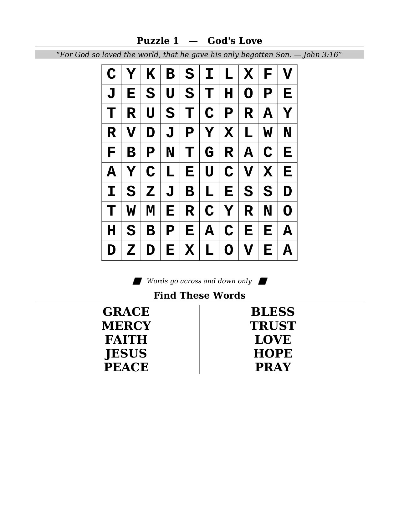 Sample large-print Bible word search puzzle with a Scripture verse