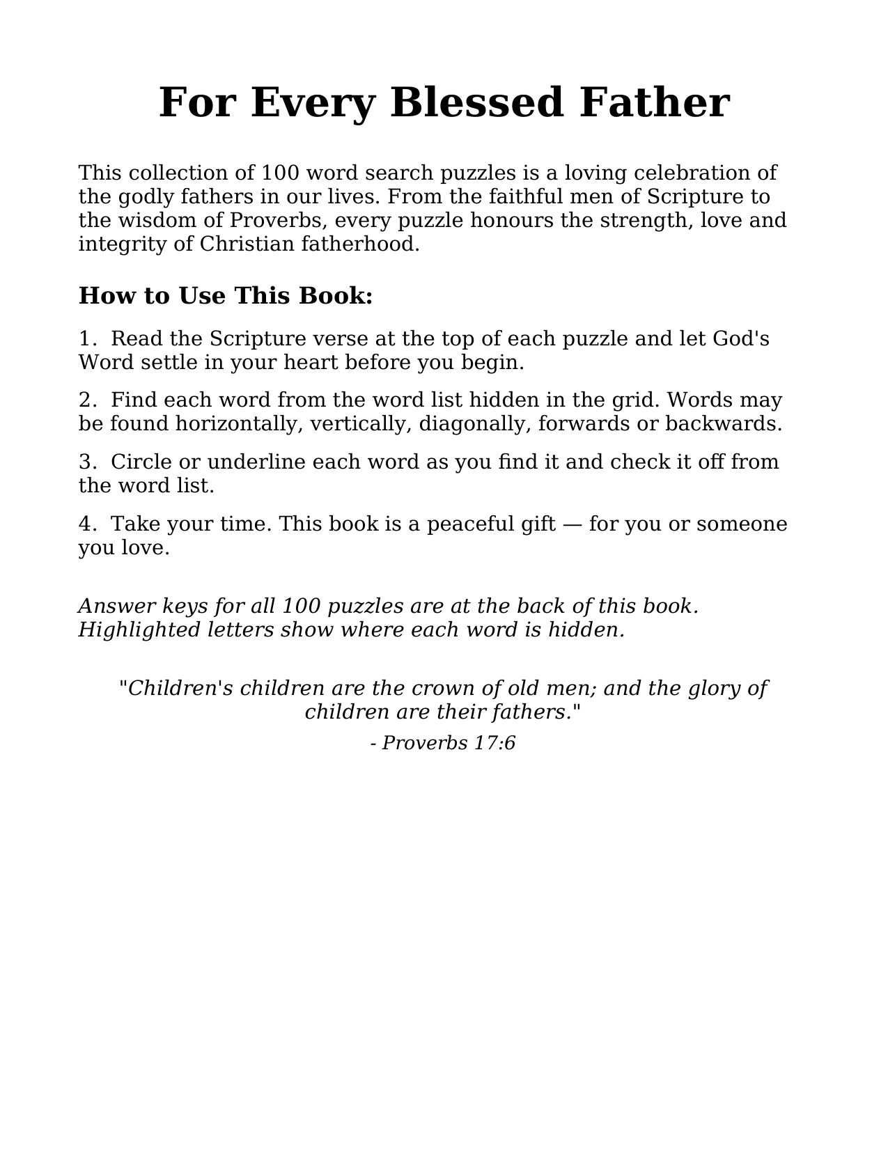 For Every Blessed Father &mdash; the opening note and simple How to Use This Book instructions