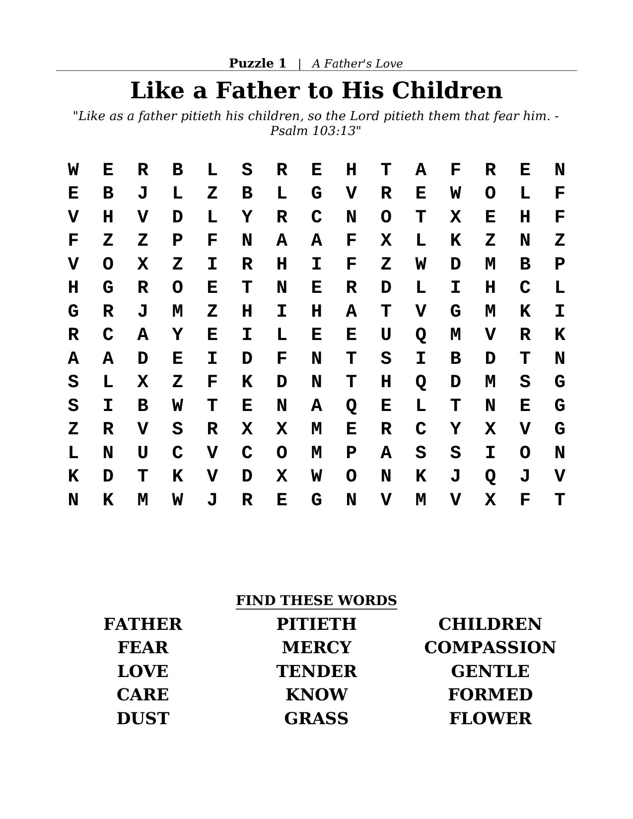 Puzzle 1 &mdash; A Father's Love: a large-print word search with its Scripture verse and word list