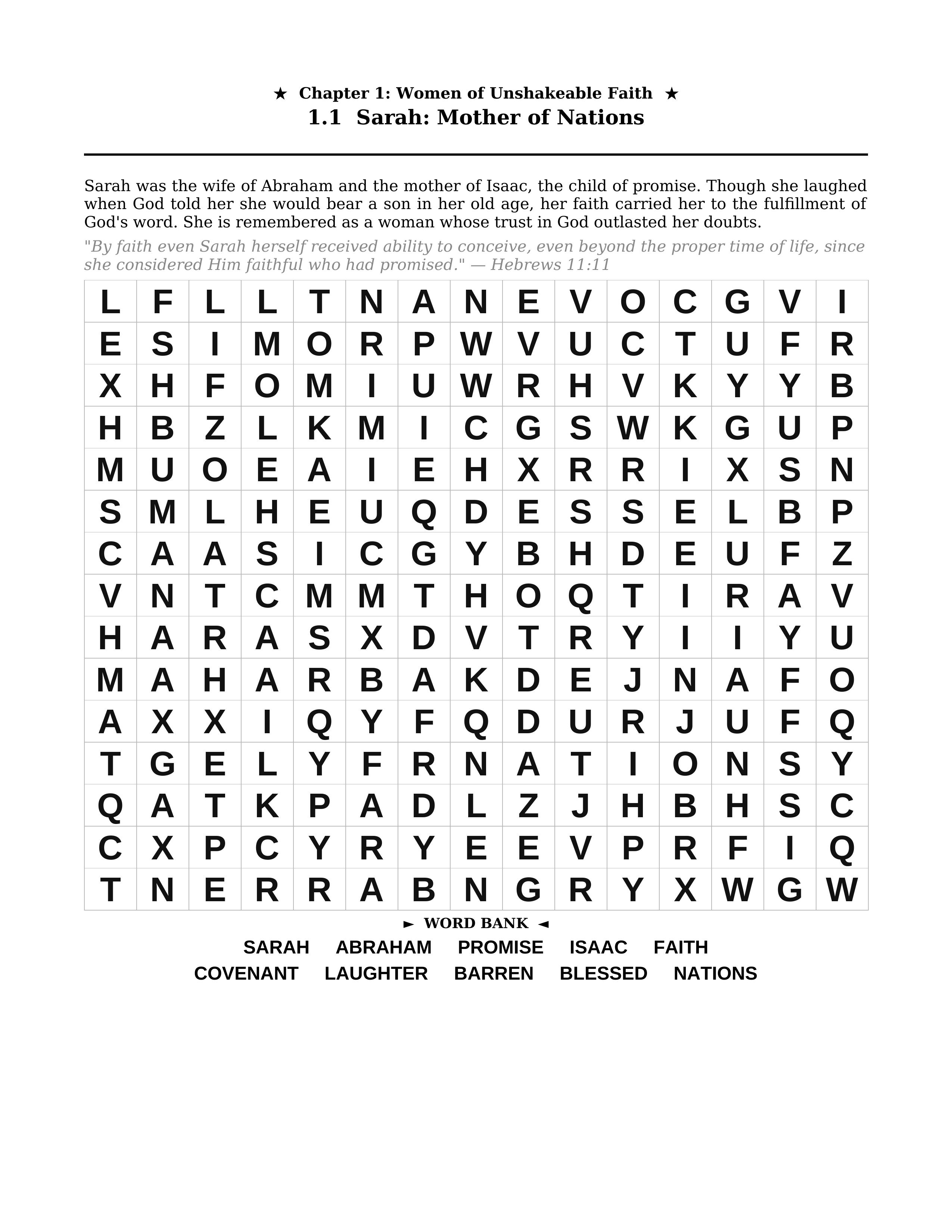 Inspirational Women of the Bible — Sarah puzzle with her story, Scripture, large print grid and word bank