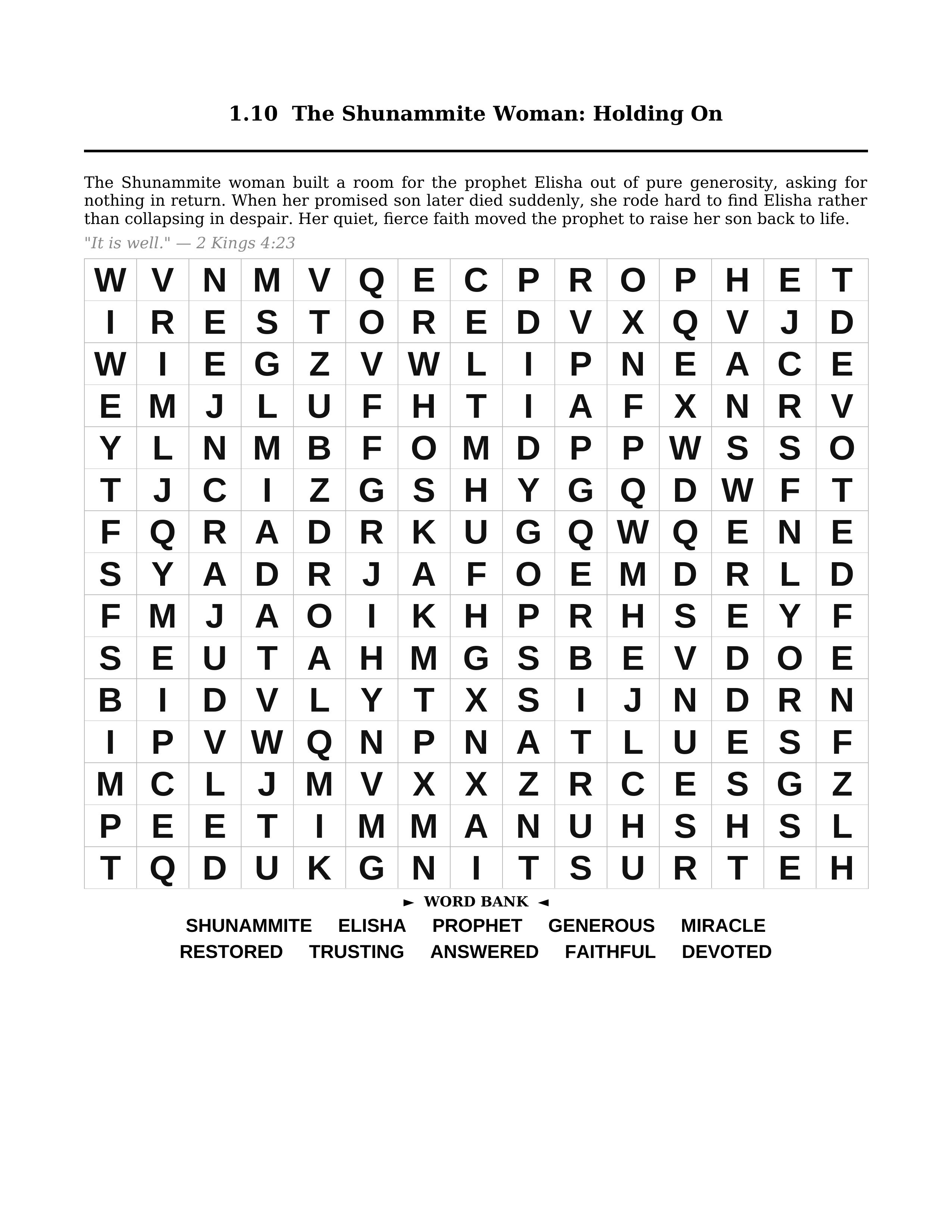 Inspirational Women of the Bible — the Shunammite Woman puzzle page