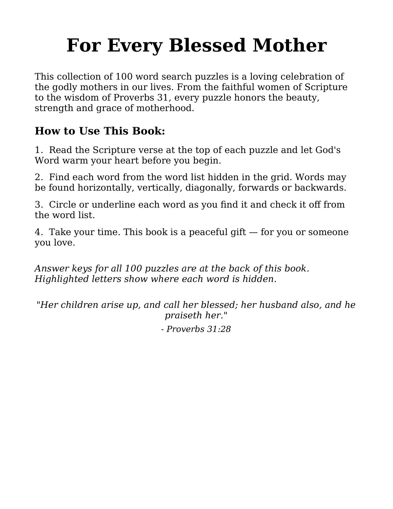 For Every Blessed Mother &mdash; the opening note and simple How to Use This Book instructions