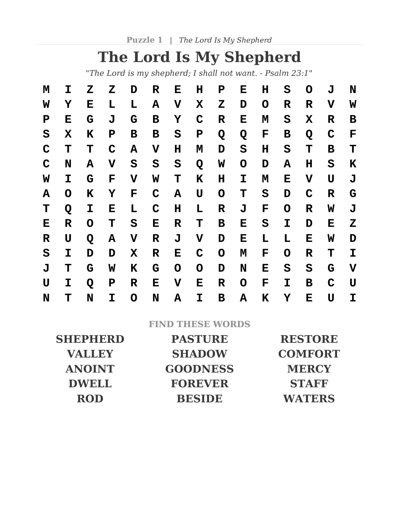 Puzzle 1 — The Lord Is My Shepherd, with Scripture verse, large print grid and word list