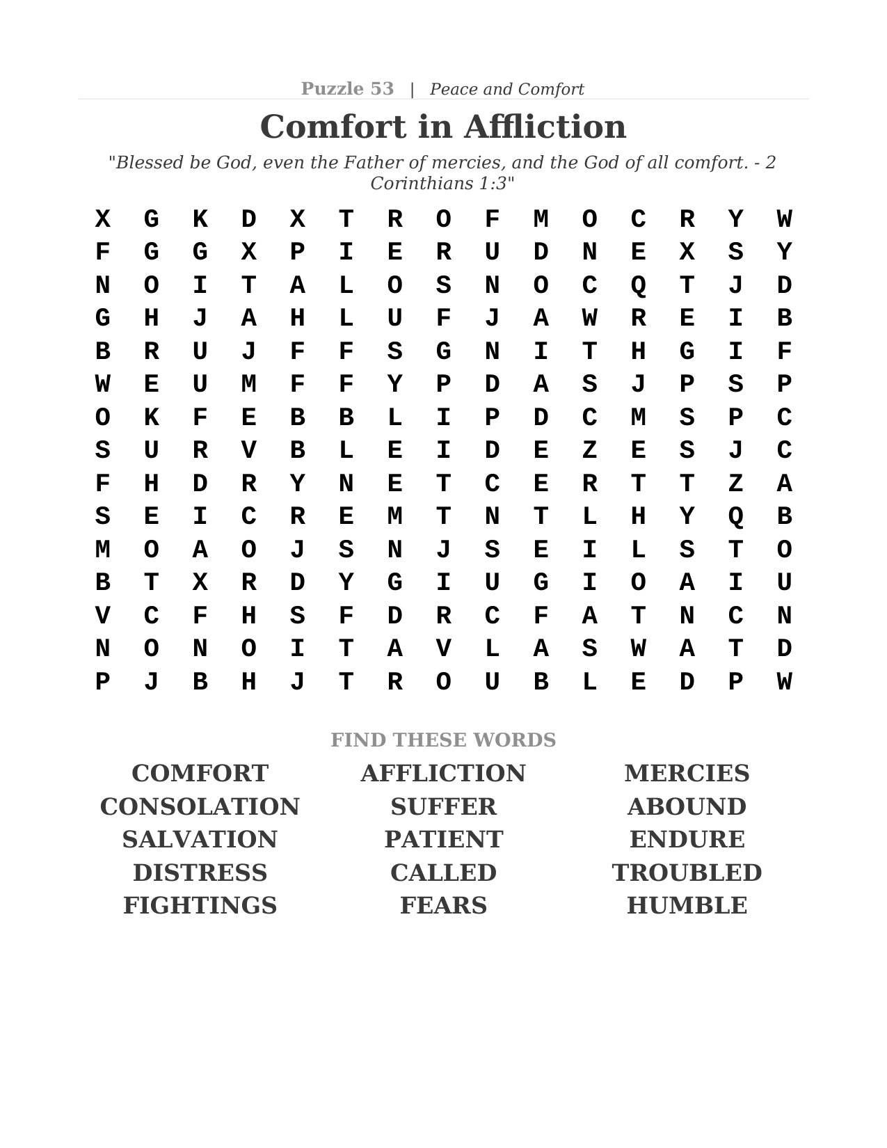 Puzzle 53 — Comfort in Affliction, a large print Psalms word search with its Scripture verse