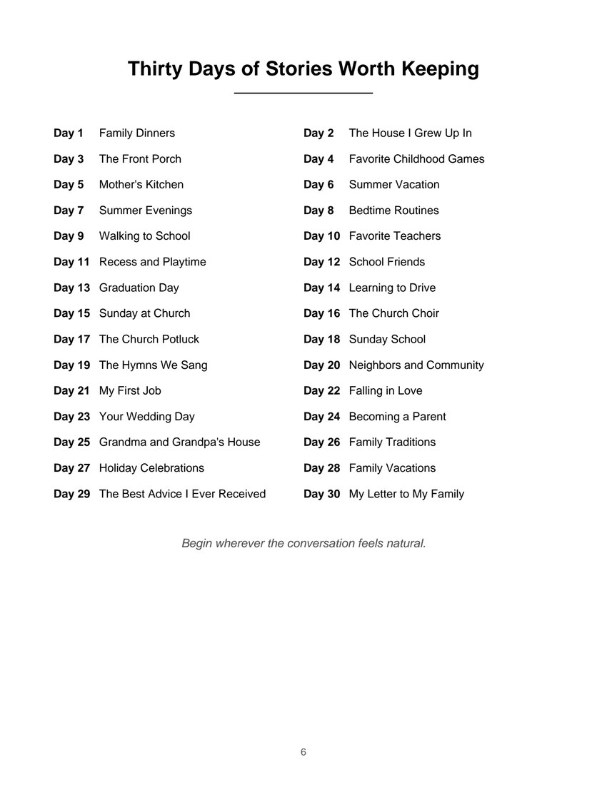 Contents page listing all thirty days of Remember When, Together