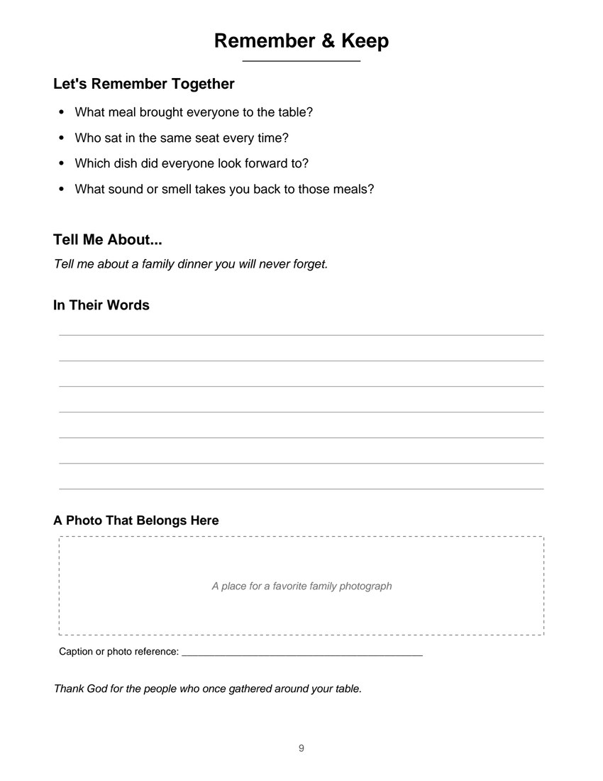 Remember and Keep page with conversation prompts, writing lines, and a photo space