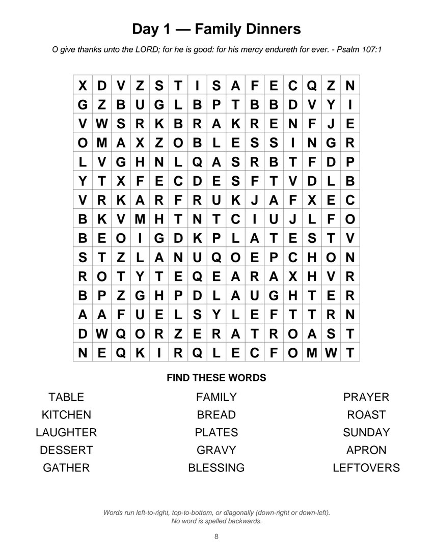Day 1 large-print Bible word search puzzle page — Family Dinners