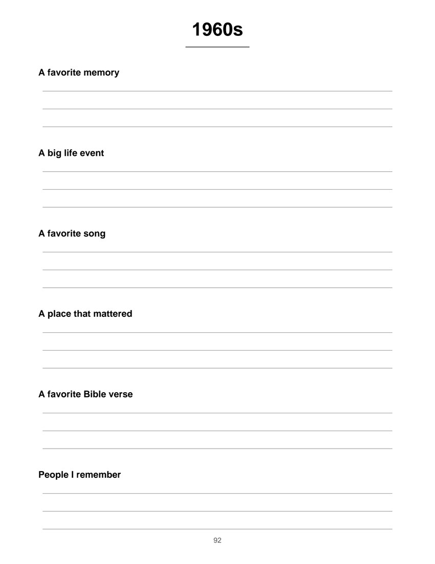 Family timeline page for recording memories by decade