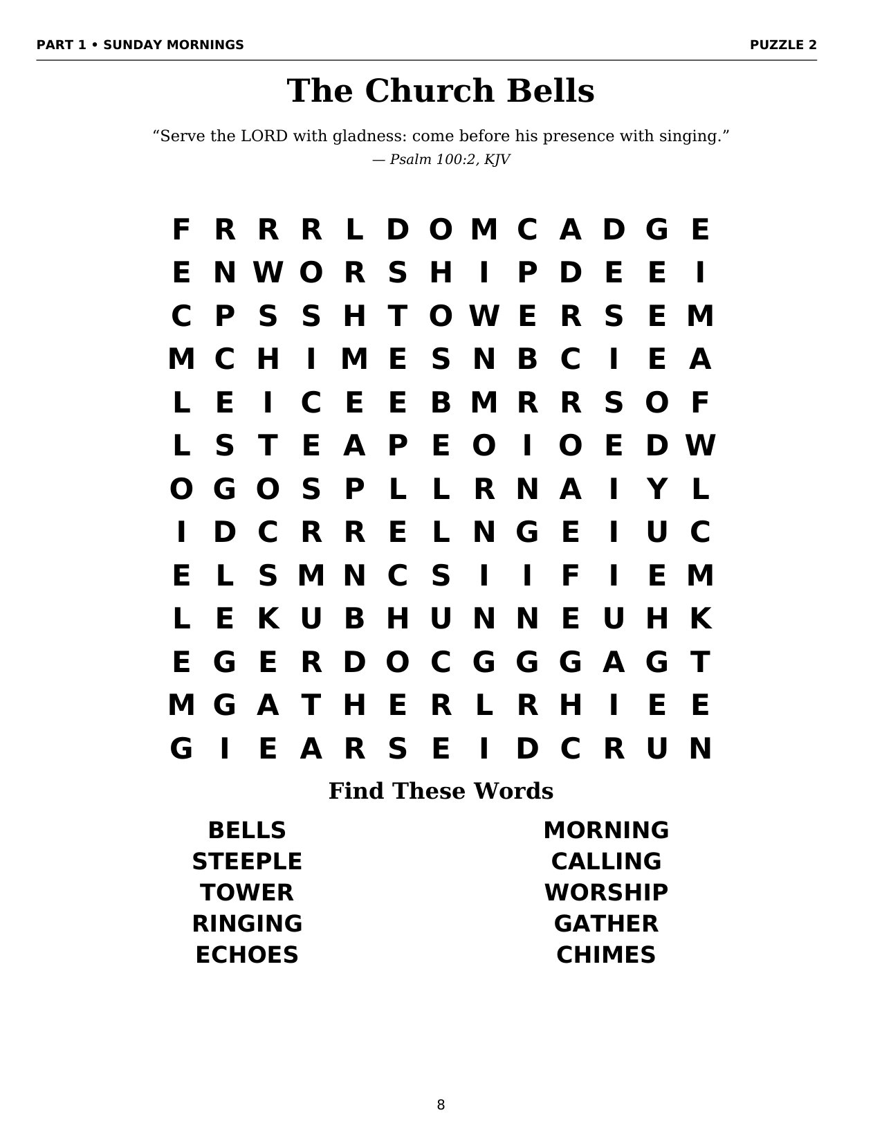 A large-print puzzle — The Church Bells — with its Scripture verse and word list