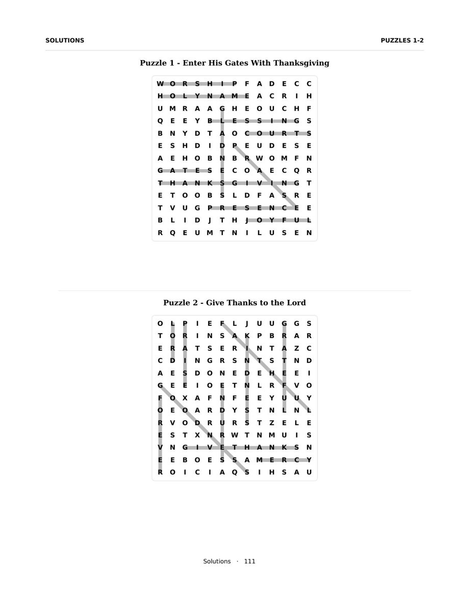 A solutions page — two large, clear answer grids per page