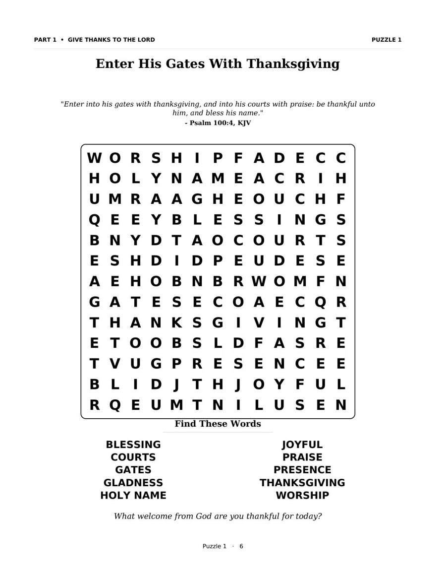 Puzzle 1 — Enter His Gates With Thanksgiving: a large-print word search with its Scripture verse and word list