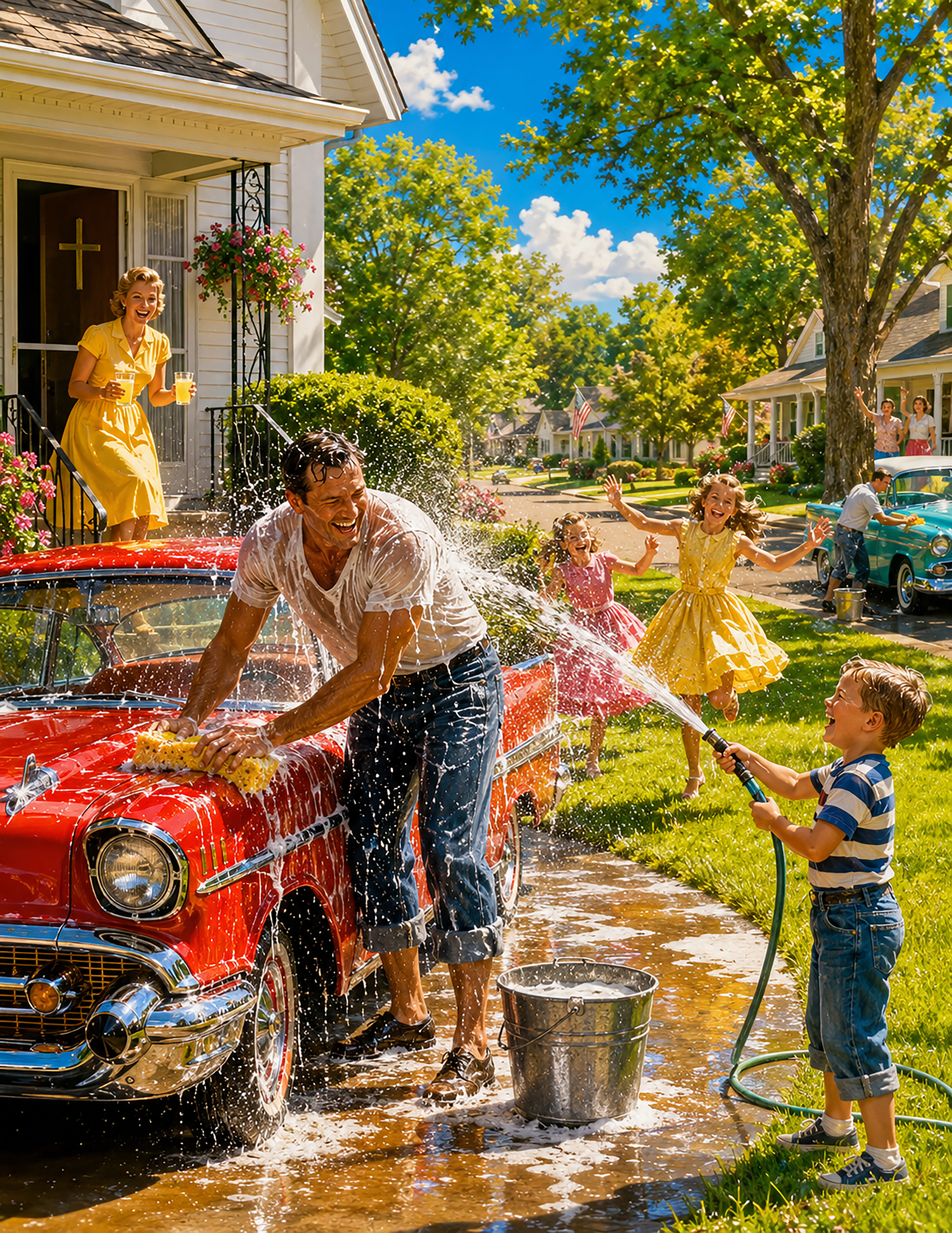 Where the Light Still Lives — full-color illustration of a family washing the car on a Saturday morning