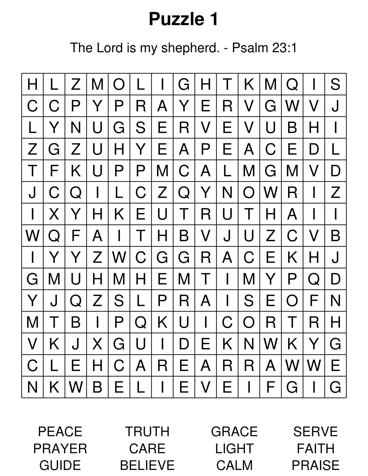 Puzzle 1 &mdash; The Lord is my shepherd (Psalm 23:1): an extra-large-print word search grid with its Scripture verse and word list